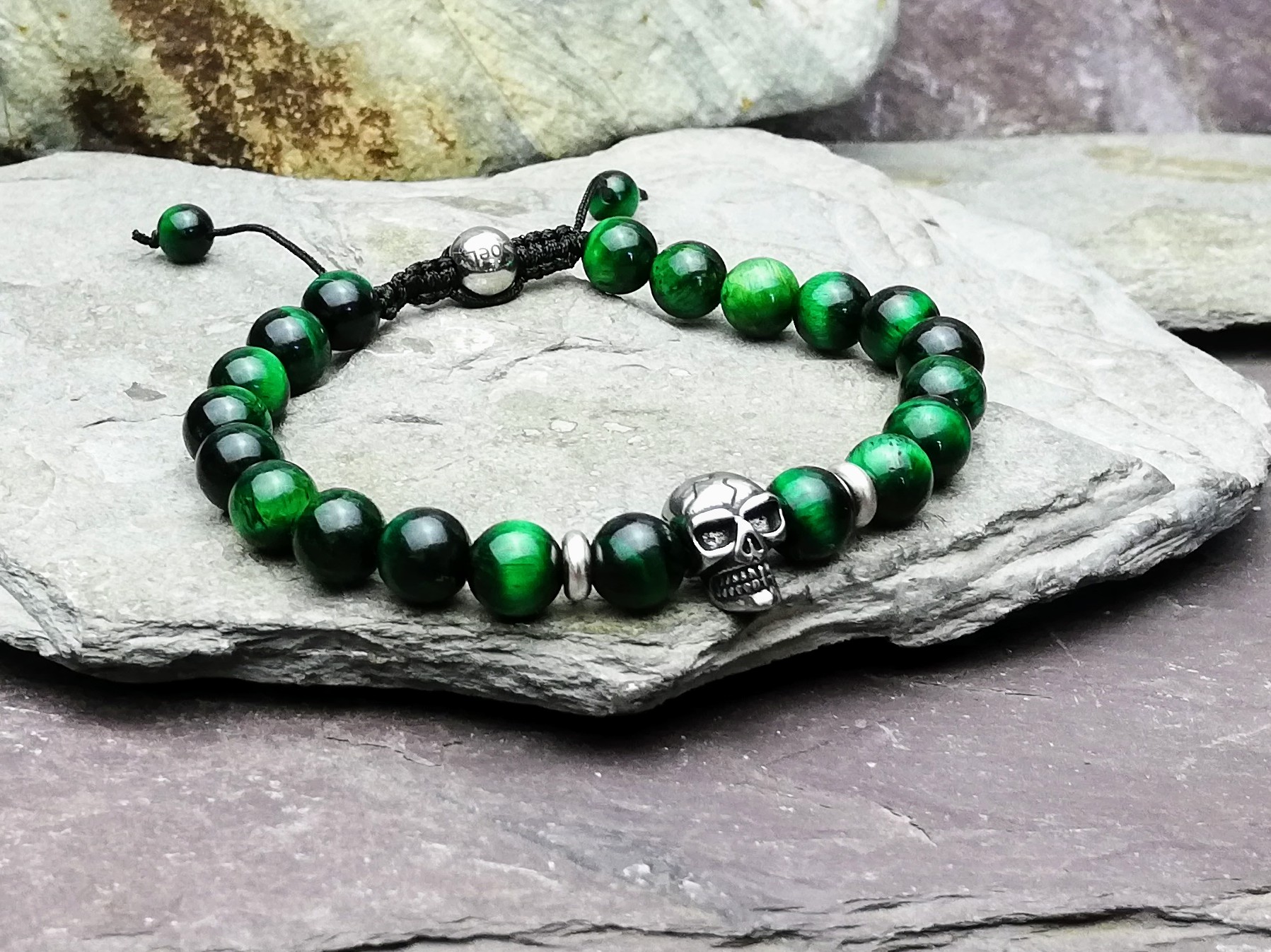 Green Tigers Eye Skull Bracelet